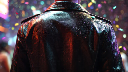 Back view of a person wearing a shiny black leather jacket in a vibrant party setting, covered in confetti