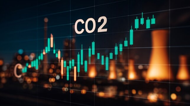interface overlay on an image of a power station, showing a real time graph of CO2 emissions being rapidly reduced to zero, green data lines, abstract technology grid background, high tech visualizati