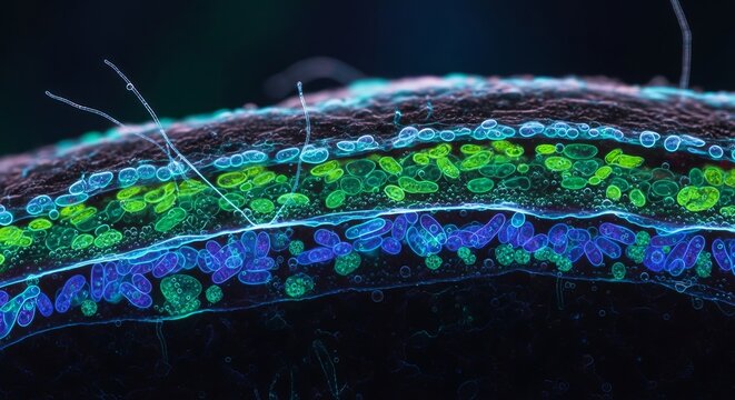 Microscopic view of layered bacteria colonies with vibrant green and blue hues showcasing cellular biology and microbiological research at high magnification