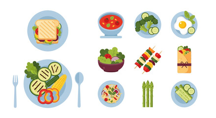 An assortment of healthy meals and dishes are presented on plates, including a sandwich, soup, salad, skewers, and vegetables.
