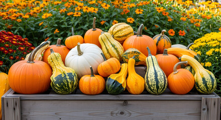 Abundant Autumn Healthy Food: Diverse Pumpkins and Gourds Displayed on a Rustic Crate with Vibrant Fall Flowers, Celebrating Harvest Season.