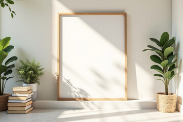 Interior of light room with workplace and blank frame.