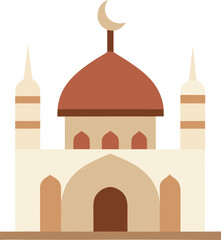 Minimalist mosque with crescent moon isolated transparent background flat vector illustration, Islamic worship architecture