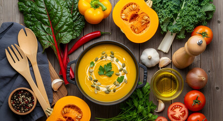 Delicious Autumn Healthy Food: Creamy Pumpkin Soup with Fresh Seasonal Vegetables on a Rustic Wooden Table