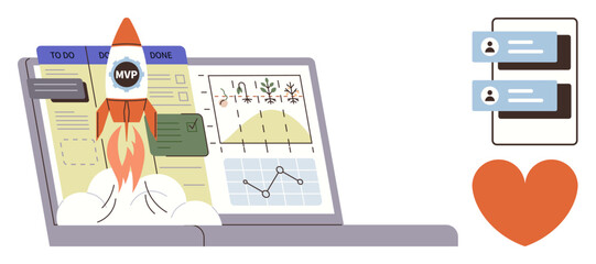 Rocket launching from laptop screen with graphs, charts, task lists, and notifications. Ideal for innovation, growth, productivity, project management teamwork data analysis and success themes. A