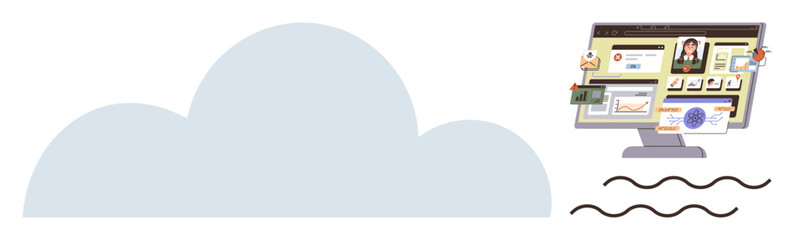 Cloud connected to a desktop monitor showcasing applications, document management, analytics, and communication tools. Ideal for cloud computing, data storage, network, remote work, technology