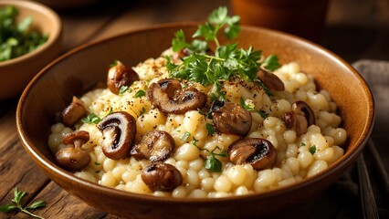 A delicious dish of pearl couscous topped with sauteed mushrooms and fresh herbs, presented in a rustic bowl, perfect for a hearty meal.