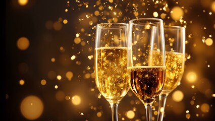 Three sparkling glasses of champagne surrounded by a festive golden bokeh background, evoking celebration and joy.