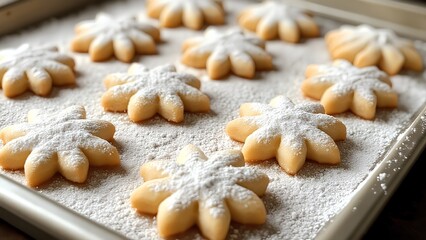 Fototapeta premium A tray of freshly baked snowflake-shaped cookies dusted with powdered sugar, arranged neatly on a baking sheet.