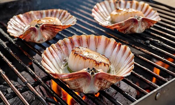 Delicious Scallops Grilling in Shells Over Open Flames on a Hot BBQ.