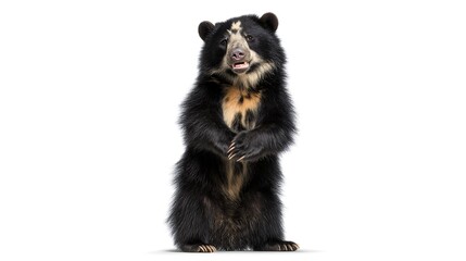 Fototapeta premium Spectacled bear, Tremarctos ornatus standing upright and smiling, isolated on white, cute wildlife