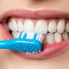 Close-up of a person brushing their teeth with a blue toothbrush and white toothpaste, showing healthy white teeth and pink gums.
