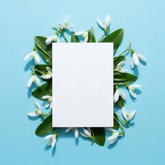 Creative layout made with snowdrop flowers on bright blue  background. Flat lay. Spring minimal concept.
