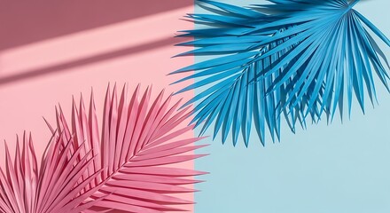 Tropical bright colorful background with exotic painted tropical palm leaves. Minimal fashion summer concept. Flat lay idea
