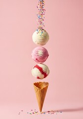 Infographic design of ice cream with colorful sprinkles. Minimal summer background. Food deconstructed food styling concept.