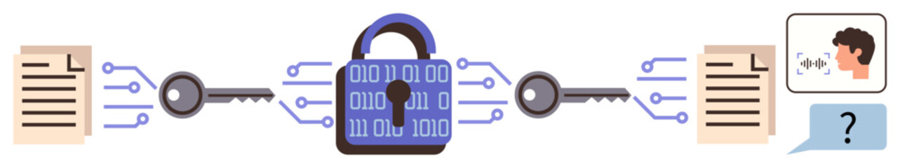 Padlock encased in binary text with connected digital keys and documents, emphasizing data security. Ideal for cybersecurity, encryption, privacy, communication, authentication, technology, simple