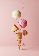 Infographic design of ice cream with colorful sprinkles. Minimal summer background. Food deconstructed food styling concept.