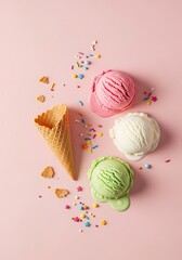 Infographic design of ice cream with colorful sprinkles. Minimal summer background. Food deconstructed food styling concept.