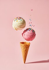 Infographic design of ice cream with colorful sprinkles. Minimal summer background. Food deconstructed food styling concept.