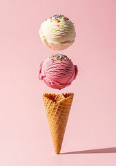 Infographic design of ice cream with colorful sprinkles. Minimal summer background. Food deconstructed food styling concept.