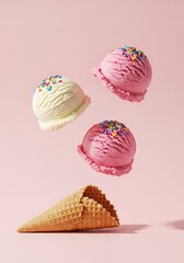 Infographic design of ice cream with colorful sprinkles. Minimal summer background. Food deconstructed food styling concept.