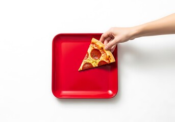 Pizza cut on red tray