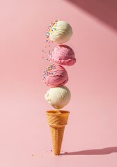 Infographic design of ice cream with colorful sprinkles. Minimal summer background. Food deconstructed food styling concept.