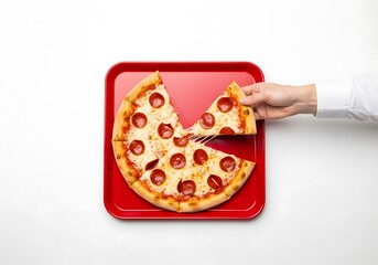Pizza cut on red tray