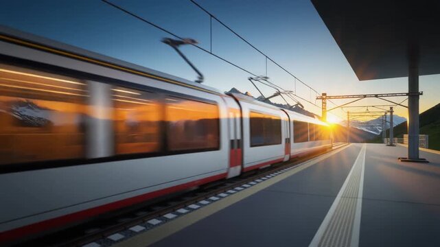 Alpine Sunrise Express. A sleek, high-speed bullet train blurs into a modern platform located high in an alpine mountain pass.
