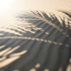 Summer beach day scene with tropical palms shadow on sand background. Minimal sunlight tropical flat lay arrangement.