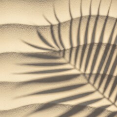 Summer beach day scene with tropical palms shadow on sand background. Minimal sunlight tropical flat lay arrangement.