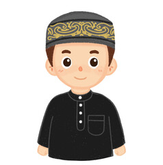 Cute Muslim boy wearing a traditional cap and black outfit, illustration