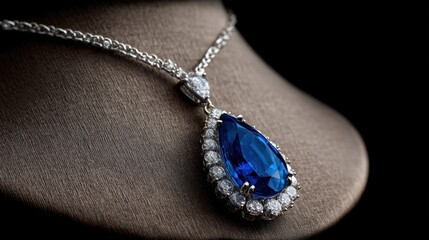 Elegant Teardrop Blue Gemstone Necklace with Diamond Accents on a Stylish Display Bust