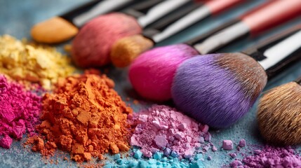 Closeup of colorful makeup powder and brushes, showcasing vibrant pigments and tools for creating diverse beauty looks, ideal for cosmetic advertising and artistry
