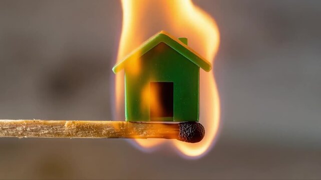 Burning Green Toy House on Matchstick &ndash; Real Estate Housing Market Crisis Concept
