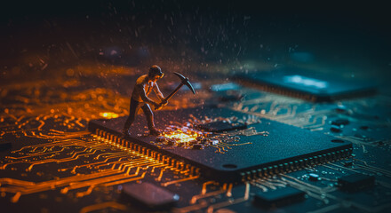 A miniature miner, silhouetted against a backdrop of a complex circuit board, diligently works, a symbol of extraction and progress within the world of digital technology.
