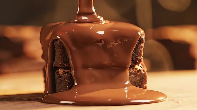 Rich melted chocolate pouring over a delicious brownie stack for National Chocolate Day