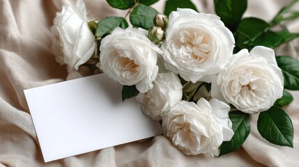 Elegant White Garden Roses and Blank Card on Soft Fabric, Perfect for Your Customizable Greetings and Romantic Designs