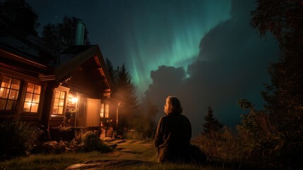 Fototapeta premium Woman watches Northern Lights over illuminated rustic cabin at n
