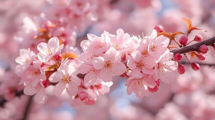 Naklejka premium Beautiful flor de cerezo (cherry blossom) branches in full bloom, soft pink petals and delicate details