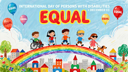 Children's Painting Style: Rainbow Walk for Disabled Children, Equality, Happiness, and Growth for Disabled Children, International Day of Persons with Disabilities Promotion
