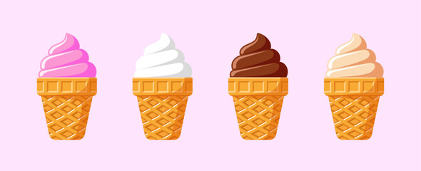 Delicious ice cream set. Sweet frozen dessert in a waffle cone. Perfect for summer menus, dessert illustrations, or food-related designs.