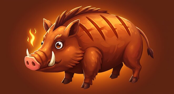 Cartoon illustration of a ferocious boar with large tusks and fiery details