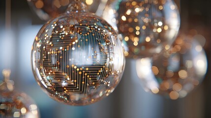 Fototapeta premium Hanging Transparent Christmas Baubles with Golden Microchip Circuitry Pattern