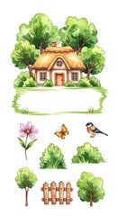 Naklejka premium Watercolor Cottagecore Illustration with House, Flowers, and Garden Elements.