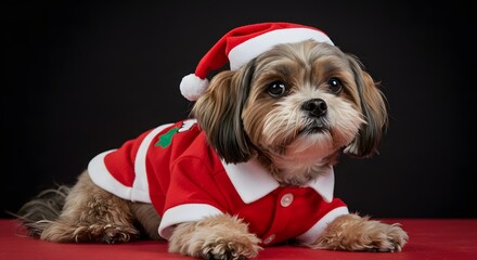 Small brown and white dog lying down wearing a santa hat and christmas sweater on a red surface