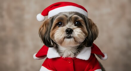 A shih tzu puppy wearing a santa claus outfit with a red and white hat looking at the viewer directly