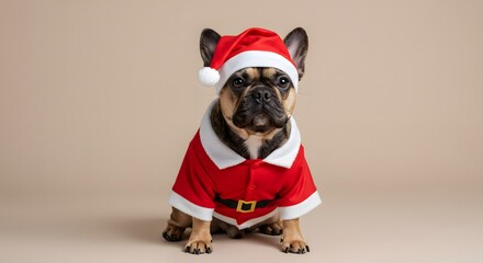 A french bulldog puppy wearing a santa hat and santa suit sitting against a plain beige background