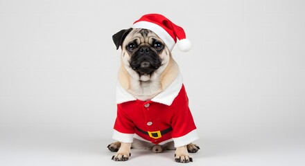 A pug dressed in a santa suit sitting on a white background looking at the camera with a cute expression