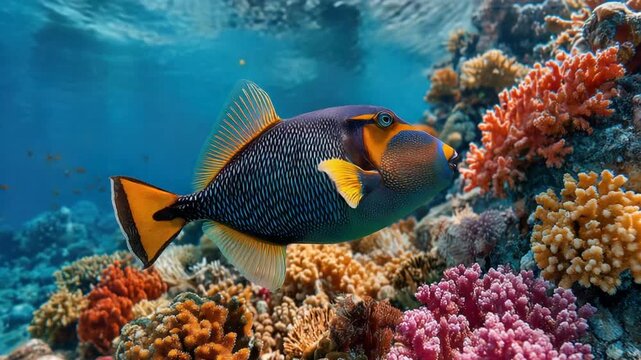 A colorful triggerfish swims above vibrant coral reefs in a sunlit, azure marine environment
